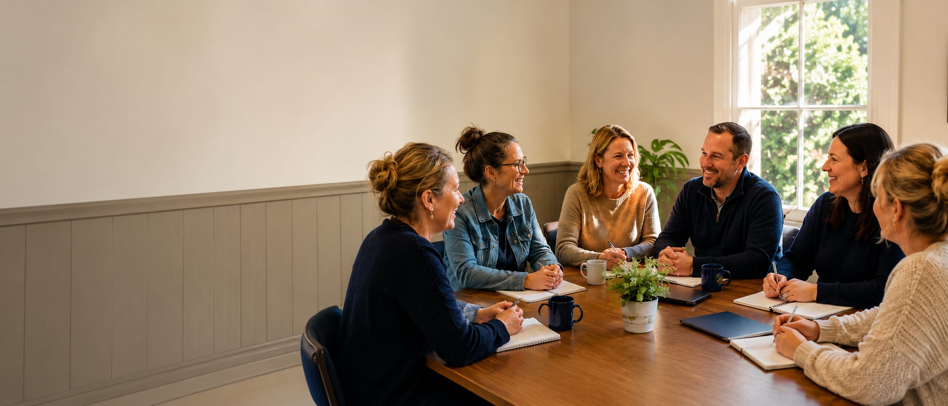 Parents and community members having a friendly committee discussion around a table.