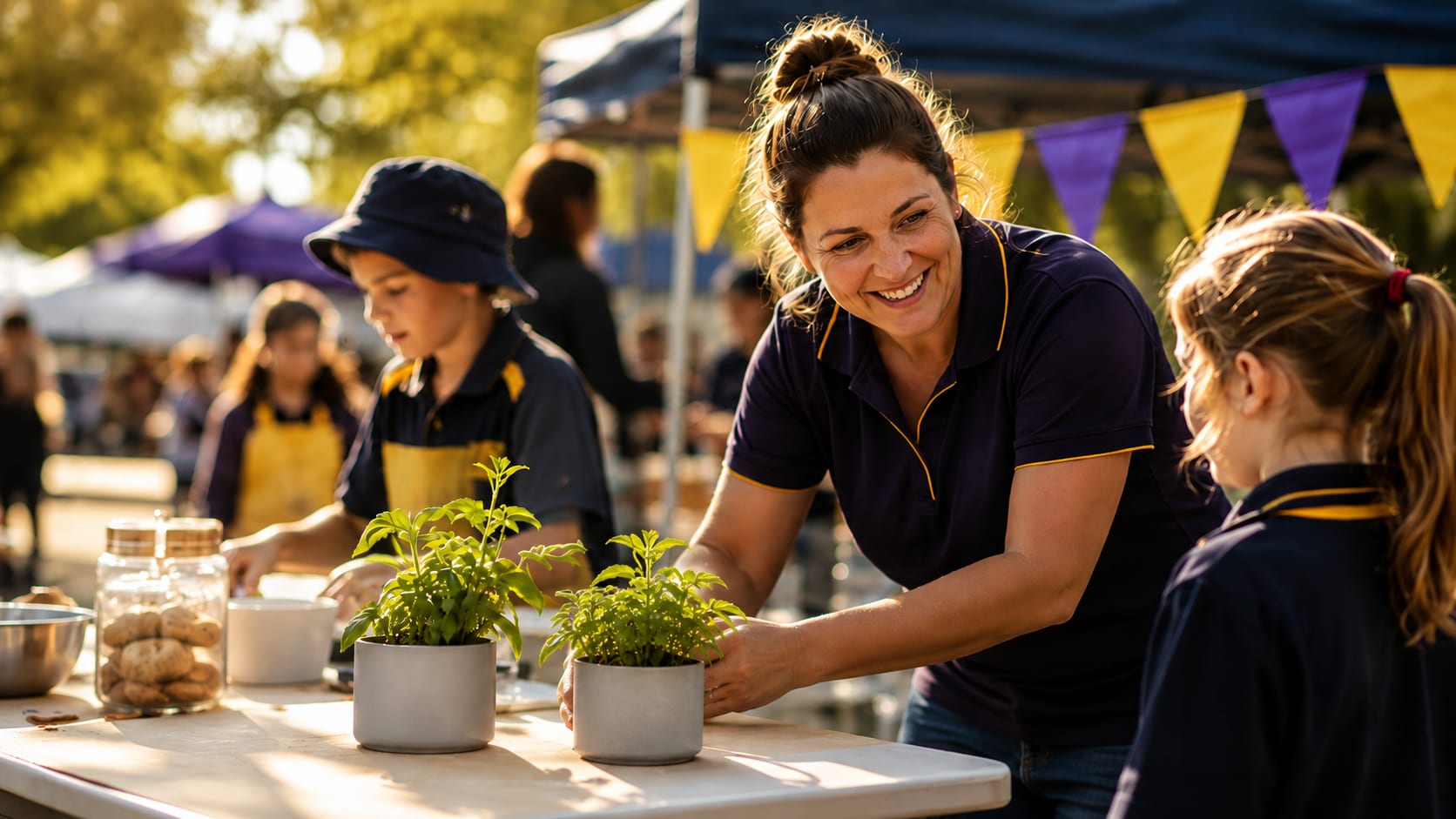 A parent volunteer and students working together at a lively school community stall.