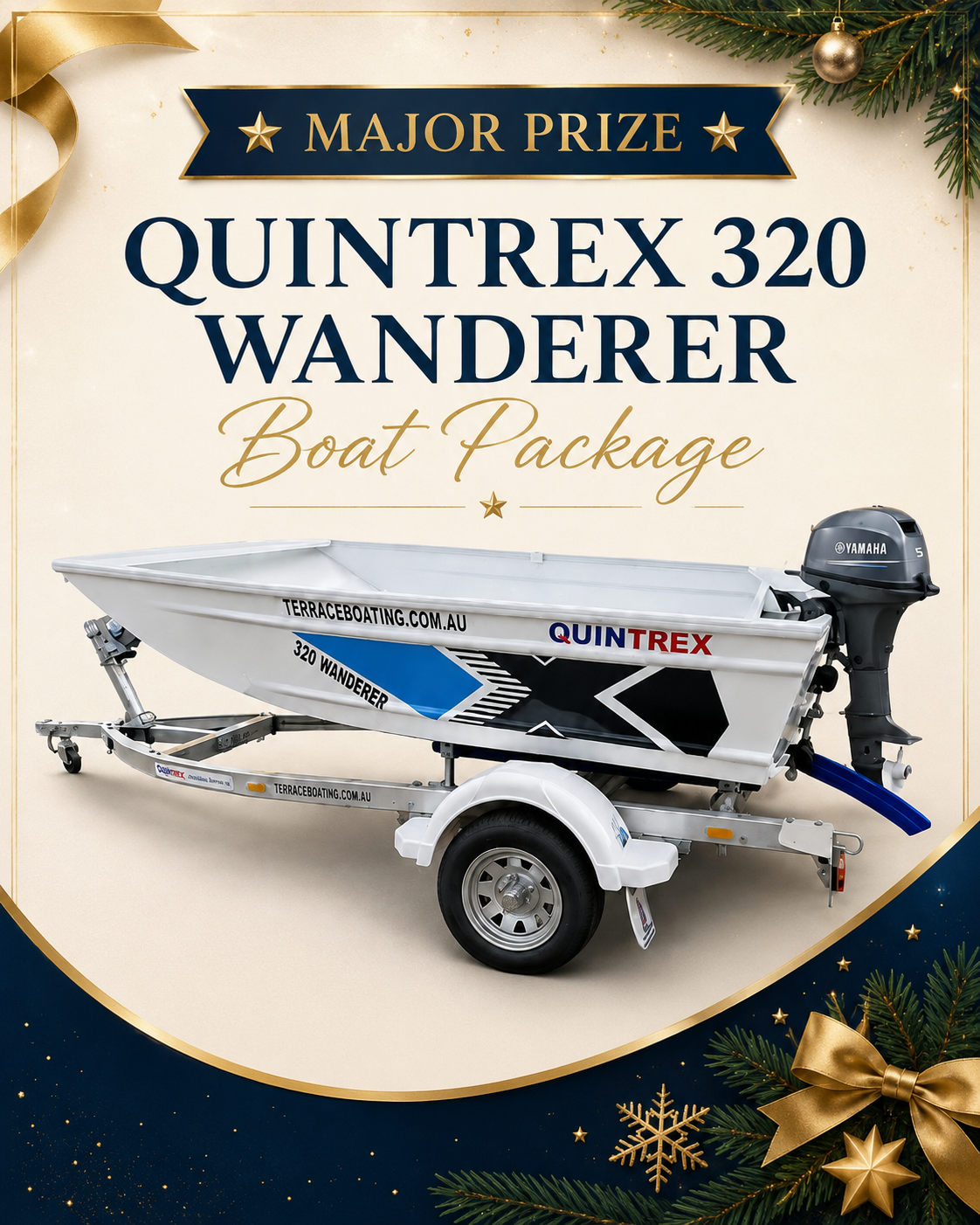 Quintrex 320 Wanderer boat package with outboard motor, alloy trailer and safety kit.